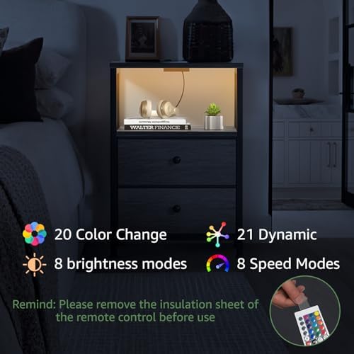 BOLUO Gray Nightstand with Charging Station, LED Night Stand with 2 Fabric Drawers, Bedside Table with USB Ports and Outlets, Nightstand for Bedroom Modern - Image 6