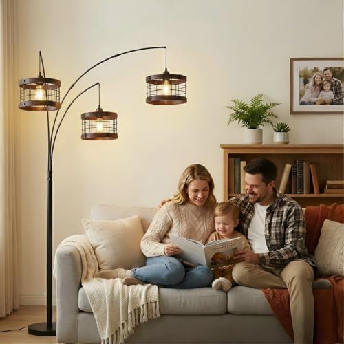3-Lights Vintage Wood Floor Lamps for Living Room, Black Arc Floor Lamp for Bedroom, Industrial Standing Lamp for Office, Dimmable Tall Lamp, Arched Corner Floor Lamp, Over Couch Reading Lamp - Image 7