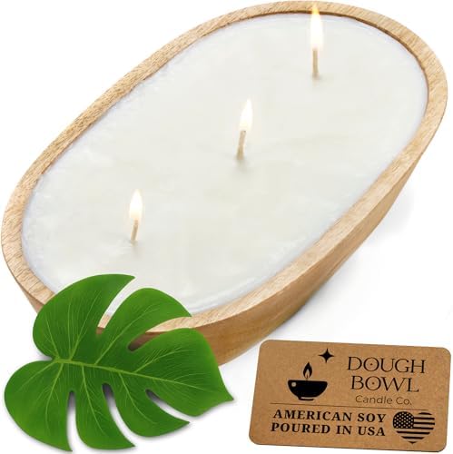 Dough Bowl Candle Co. Santal and Coconut Soy Candle - 3 Wick Rustic Farmhouse Coffee Table Decor, Odor Eliminator in Wooden Bowls, 20 Oz Wooden Dough Bowl Candle, All-Natural Gifts for Women and Men by Dough+Bowl+Candle+Company