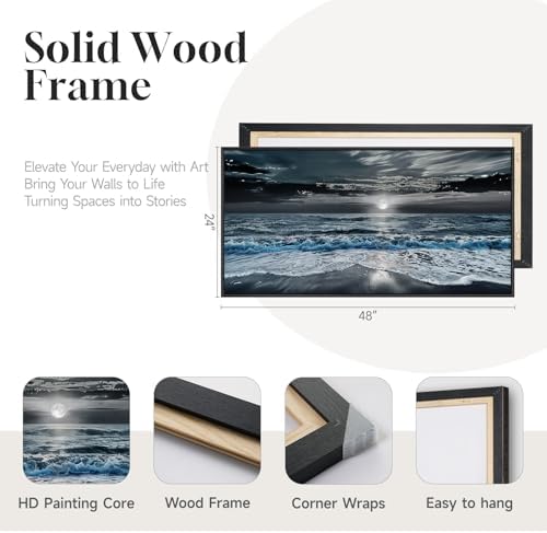 Large Framed Coastal Moonlight Ocean Wall Art for Living Room, 24x48 Inch - Image 5
