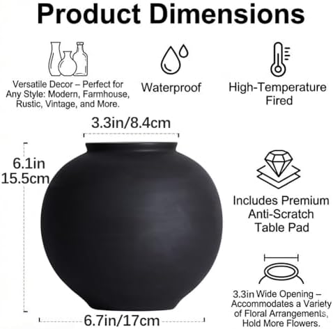 Small Blak Ceramic Vase - 6.1 Inch Small Black Round Vase, Rustic Farmhouse Vase for Home Decor, Dining Table, Shelf, Bedroom, Living Room, Kitchen, Office, Bathroom, Mantle, Centerpiece Décor - Image 2