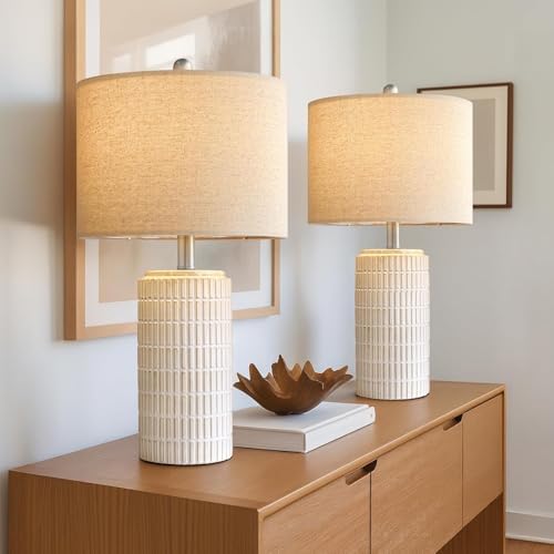 PoKat 24" Modern Ceramic Table Lamps Set of 2 for Bedroom, White Bedside Lamps for Night Stands, Farmhouse Desk Decor Nightstand Table Lamps for Living Room End Table Beige - Image 5