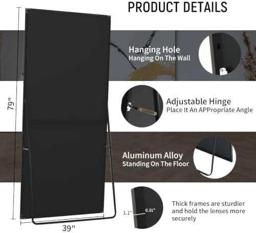 Beauty4U 79" x 39" Full Length Mirror with Stand, Black Large Floor Mirror - Image 2
