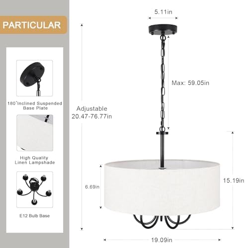 5 Lights Drum Chandelier for Dining Room 19" Modern Farmhouse Black Chandeliers with Shades Round Pendant Light Fixtures Linen Hanging Chandeliers for Bedroom Living Room Kitchen Over Table Foyer - Image 7