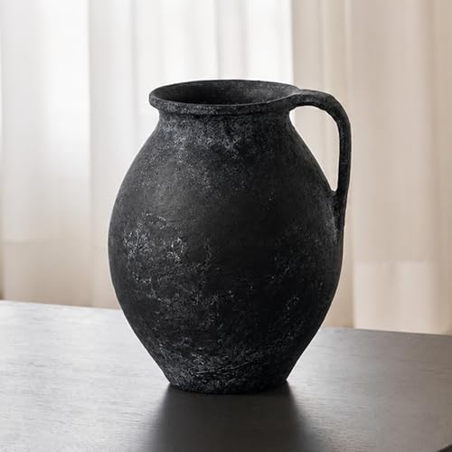 LB2 Black Ceramic Large Vase, 11.2" Tall Zen Style Vase, Terra Cotta Pitcher, Distressed Farmhouse Decor, Pottery Decorative Flower for Home Decor (D - Black 11.2") by LB2