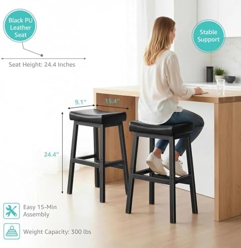 WINAZ Modern Backless Bar Stools Set of 2, 24 Inch Counter Height Stools with Footrest, Matte Finish Metal Legs, Padded Faux Leather Kitchen Island Chairs, Space Saving Stationary Design, Black - Image 3