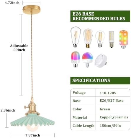 Shenmoyl Pendant Light with Green Pleated Ceramic Lmapshade, Brass Vintage Pendant Light Adjustable Hanging Light for Kitchen Island Dining Room Hallway - Image 5