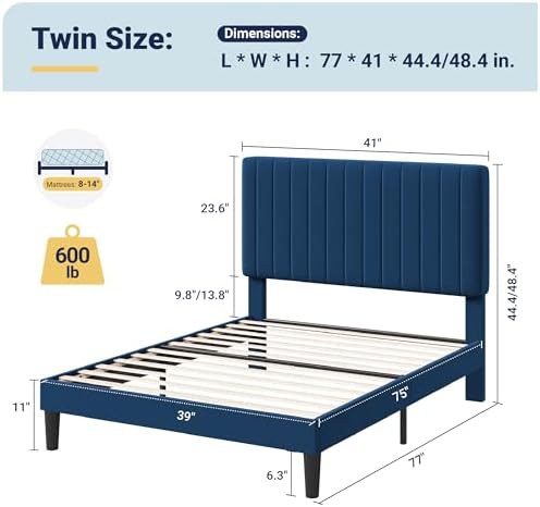 Allewie Twin Bed Frame, Velvet Upholstered Platform Bed with Adjustable Vertical Channel Tufted Headboard, Mattress Foundation with Strong Wooden Slats, Box Spring Optional, Easy Assembly, Navy Blue - Image 2