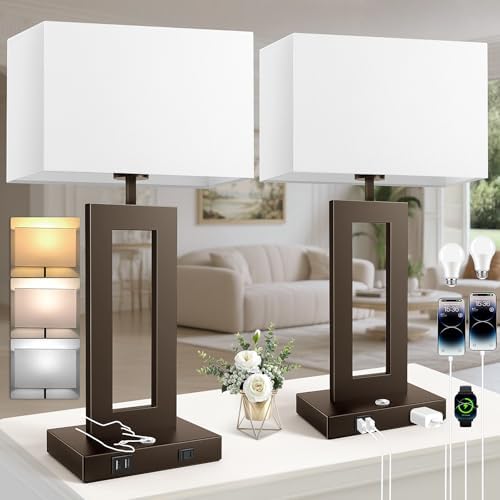 27.2’’ Tall Brown Table Lamps for Living Room Bedroom, Bedside Touch Control Lamps with 2 USB Ports&AC Outlet, 3 Color Temp.&Stepless Dimming Desk Lamp Sets for Home Office, Pre-assembled White Shade by Kondras