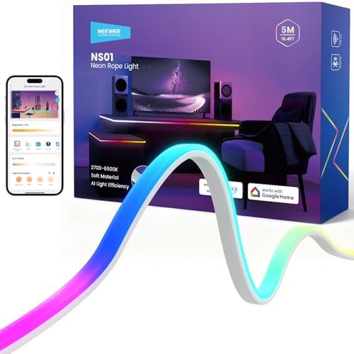 NEEWER 16.4ft/5m LED Strip Lights Front Lit, Smart AI App Control RGB IC Cuttable Neon Rope Light Color Change for Bedroom Gaming Room Home Indoor Wall Decor, Compatible with Google and Alexa, NS01 by Neewer