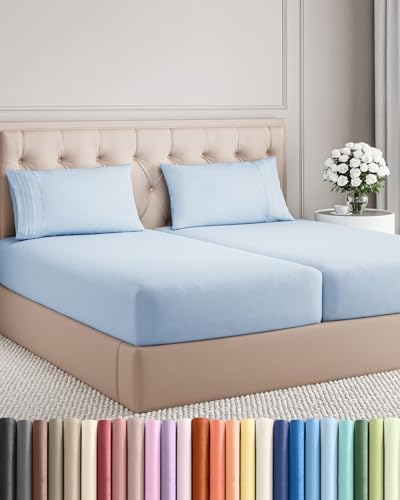Split King Size 5 Piece Sheet Set - Breathable & Cooling Sheets - Sky Blue by CGKUnlimited