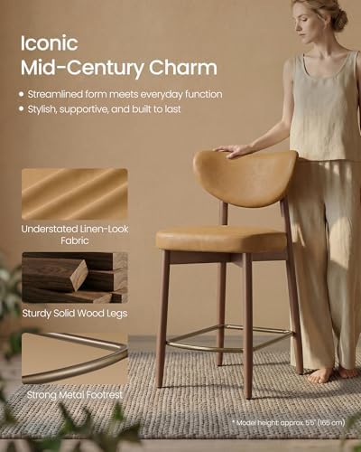 VASAGLE Wooden Bar Stools Set of 4, Synthetic Leather, Caramel Brown - Image 4