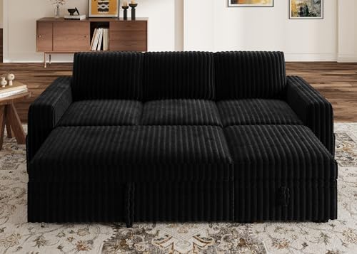 HONBAY Modular Sectional Sofa with Pull Out Bed,Corduroy L Shaped Sleeper Sofa with Storage, Sectional Couches for Living Room,Black - Image 3
