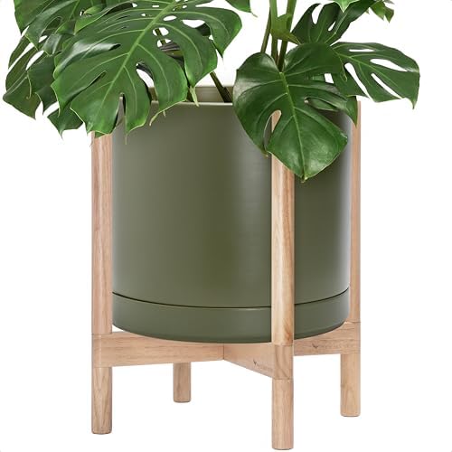 D'vine Dev Ceramic Pot with Natural Wood Stand, Olive, 14 in, 55-B-R-J by DvineDevPlanterPotsandStand