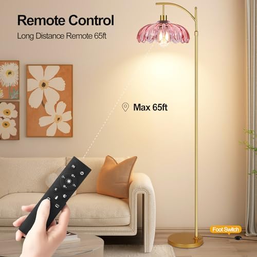 Pink Floor Lamp for Living Room,Bedroom,Glass Mid Century Modern Standing Lamp with Remote,Dimmable Gold Tall Lamp Vintage Arc Floor Lamps Flower Girls Kids Light Boho Bohemian - Image 4