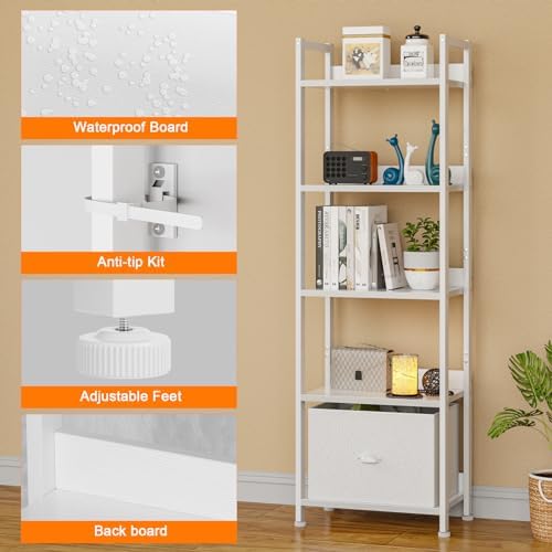 Furologee 5 Tier Bookshelf with Drawer, Tall Narrow Bookcase with Shelves, Wood and Metal Book Shelf Storage Organizer, Modern Display Standing Shelf Unit for Bedroom, Living Room, Office, White - Image 4