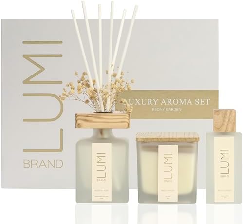 Luxury Aroma Gift Set | Peony Garden Scent - Reed Diffuser (200ml), Wood Wick Soy Candle (200g), Room Spray (50ml) | Includes Dried Flowers & 8 Reeds | Luxurious Fragrance for Home Décor | Great Gifts by LumiBrand