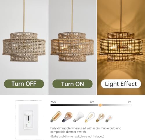 17.7" Rattan Chandelier for Dining Room, Large Boho Pendant Light - Image 4
