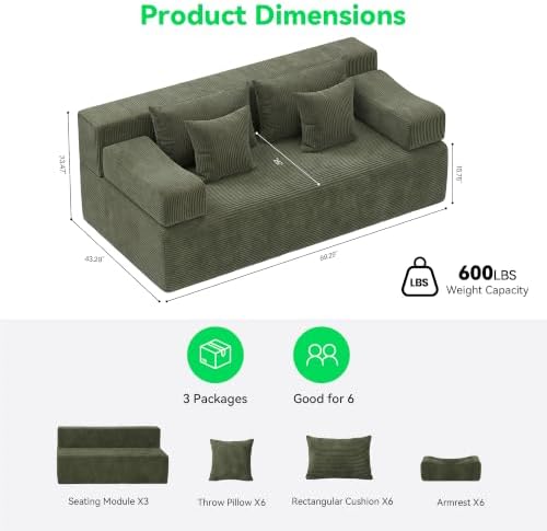 MONVANE 156" U-Shaped Modular Sectional Sofa, Green - Image 2