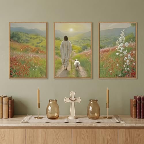 LHIUEM Large Jesus and Lamb Christian Framed Canvas Wall Art,Leaves The 99 Sheep Wall Decor,Mountain Sunset Flower Bible Artwork for Living Room,Bedroom,Dining Room,Office -24''x36''x3 - Image 2