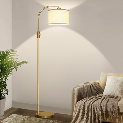 Nintiue Upgraded Modern Arc Dimmable Tall Standing Floor Lamp with Linen Shade, 1200 Lumens LED Bulb Included, for Living & Reading Room, Bedroom, Office & Nursery, Gold by Nintiue