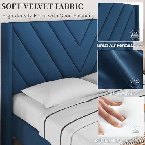 Yaheetech Queen Bed Frame with Chevron Channel-Tufted Headboard, Blue - Image 5