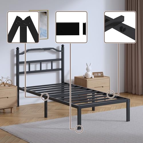 SHOANED Twin Size Bed Frame - 14 Inch Metal Heavy Duty Bedframe with Charging Station Black Basic Steel Slats Platform with Headboard No Box Spring Needed/Easy Assembly - Image 5