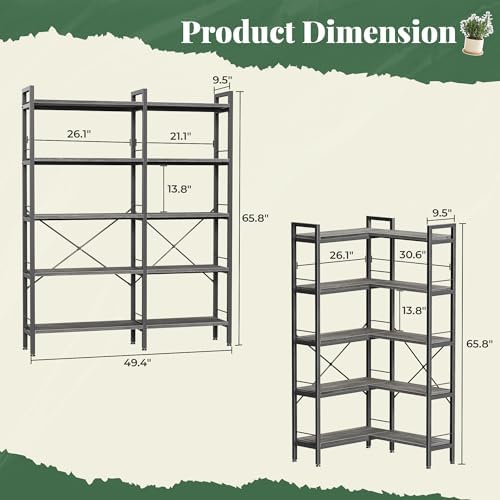 Huuger 5 Tier Bookshelf, L Shaped Corner Bookshelf with 10 Open Shelves, 49.4 Inch Straight Wide Bookcase with Metal Frame and Wooden Board, Adjustable Feet, Grey - Image 2