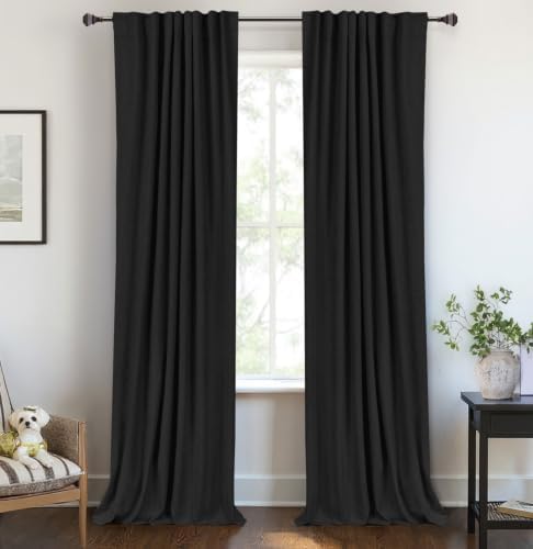 Linen Textured Total Blackout Curtains for Bedroom 90 Inches Long, Black by 100BlackoutShield