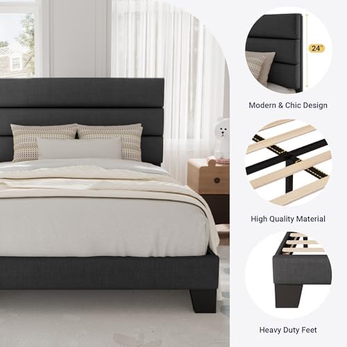 Allewie Twin Size Platform Bed Frame with Fabric Upholstered Headboard Gray - Image 6