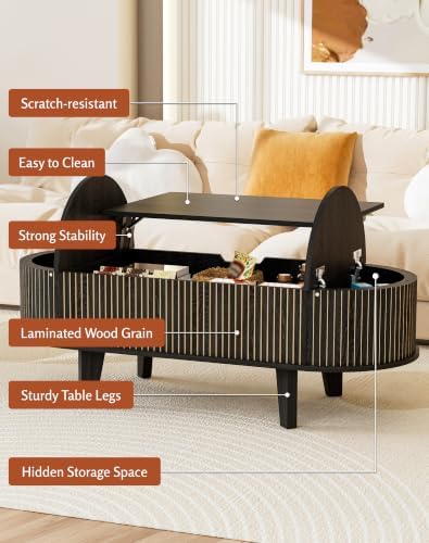 Oval Lift Top Coffee Table with Storage, Fluted 47" Wood Mid Century Modern Coffee Table for Living Room, Black - Image 5