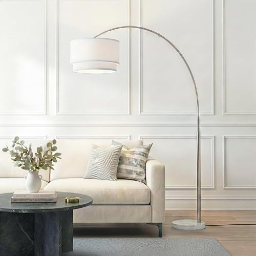 Brightech Mason Arc Floor Lamp - Modern Corner Standing Lamp with Unique Hanging Drum Lamp Shade for Living Room - Bright Overhead, Curved Hanging Light for Bedroom. Library, Den - Nickel by Brightech