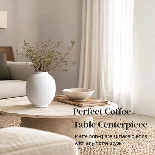 White Ceramic Vase, 9.8" Large, Round, Sandstone White - Image 3