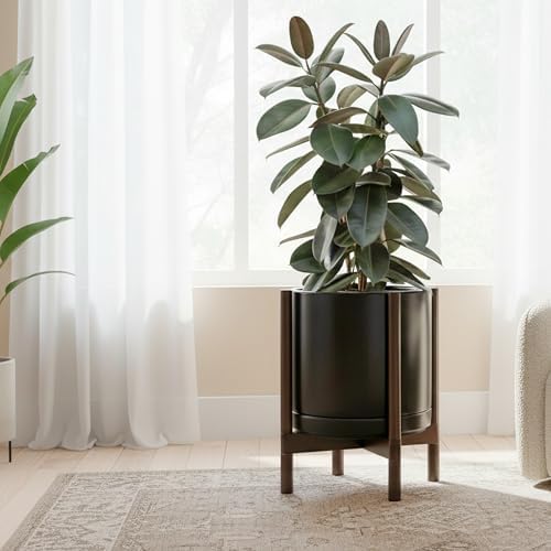 D'vine Dev Ceramic Pot with Walnut Wood Stand, Black, 14 in, 55-B-T-2 - Image 4