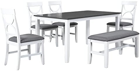 Farmhouse 6-Piece Dining Table Set, Wood Kitchen Dining Room Table Set with Upholstered Bench and 4 Dining Chairs, 60'' Rectangle Dining Table with Decoration Legs, Perfect for Family (White-K) - Image 6