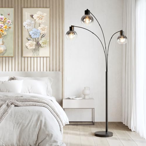 QiMH 3 Lights Floor Lamps for Living Room, 72" Tall Lamp with Gray Glass Shade, Large Tree Floor Lamp with Foot Switch, Modern Arch Floor Lamp for Bedroom Office, Black, 2700K Bulbs Included - Image 7