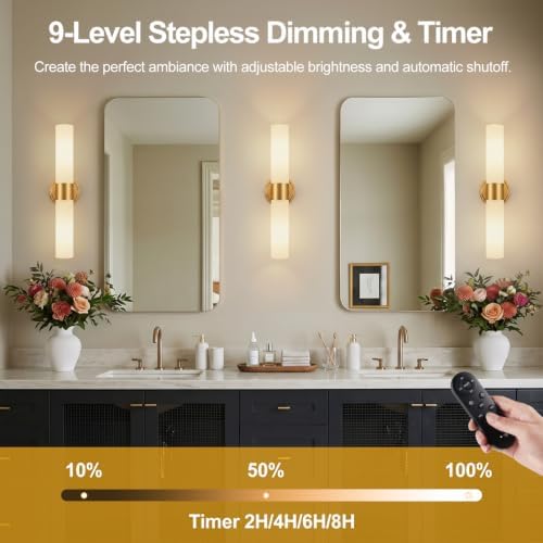 Rechargeable Wall Sconces Set of Two, Brushed Gold Battery Operated Wall Light Fixtures with Remote Control, Dimmable Wireless Wall Sconces with Milky Glass for Bathroom Mirror Bedroom Living Room - Image 4