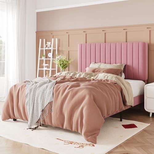 Allewie Twin Bed Frame, Velvet Upholstered Platform Bed with Adjustable Vertical Channel Tufted Headboard, Mattress Foundation with Strong Wooden Slats, Box Spring Optional, Easy Assembly, Pink by Allewie