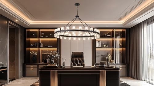 48 Inch Black Wagon Wheel Chandelier with Crystal Shade, 48 Lights, Modern Farmhouse Style, Ideal for Dining Room, Kitchen, Entryways - Image 4