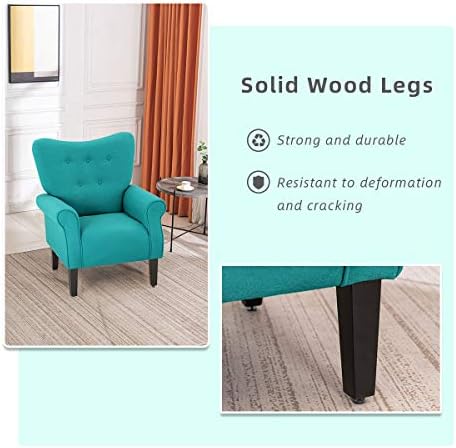 YOLENY Modern Accent Chair,High Back Armchair,Upholstered Fabric Button Single Sofa with Wooden Legs for Living Room,Bedroom,Club,Teal - Image 6