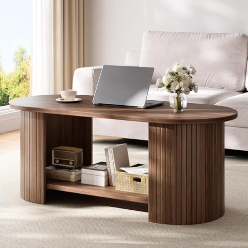 42" Oval Fluted Coffee Table, 2-Tier Center Table with Large Storage, Mid-Century Modern Wood Coffee Table for Living Room, Home Office, Small Space, Walnut by Unknown