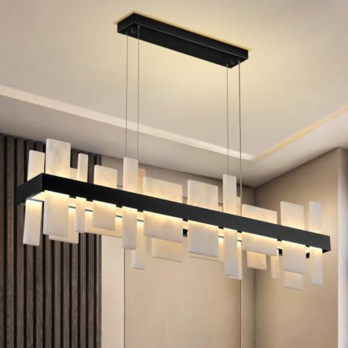 Alabaster Rectangle Chandelier,46.8in Adjustable Hanging Linear Chandelier, Dimmable Warm Glow, Modern Design Spanish Natural Stone Rectangle Ceiling Light for Dining Room, Kitchen Island, Entryway by OSRoyce