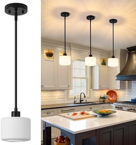 Milk Glass Pendant Lights Kitchen Island, 1-Light Modern Black Hanging Light Fixtures with Rods, Mini Kitchen Pendant Lighting Over Island for Sink Bathroom, OS-YQ8153-1PBK by Osimir