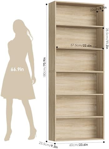 FOTOSOK 6 Tier Tall Bookshelf Bookcase with Open Display Shelves, Light Oak - Image 3