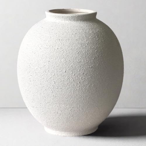 White Ceramic Vase, 9.8" Large, Round, Sandstone White by KayolinCommunity