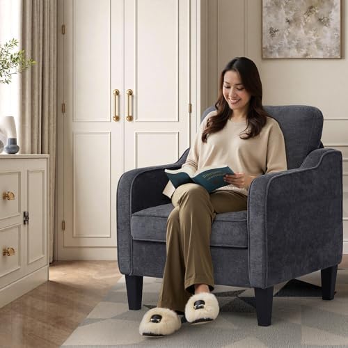 Accent Chairs Set of 2, Upholstered Living Room Chairs with Side Pocket, Mid Century Modern Reading Chair for Bedroom, Comfy Armchair Single Sofa Side Chair for Office, Small Room, Dark Grey - Image 3