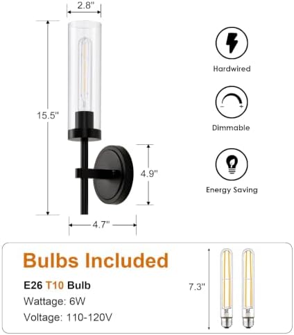 SANTOSTOCK Black Wall Sconces Set of Two, Hardwired Bathroom Vanity Sconces Wall Lighting with Clear Glass Shade, Modern Farmhouse Wall Mount Lights for Mirror Bedroom Living Room Hallway Entryway - Image 5
