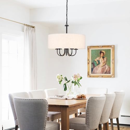 5 Lights Drum Chandelier for Dining Room 19" Modern Farmhouse Black Chandeliers with Shades Round Pendant Light Fixtures Linen Hanging Chandeliers for Bedroom Living Room Kitchen Over Table Foyer - Image 2