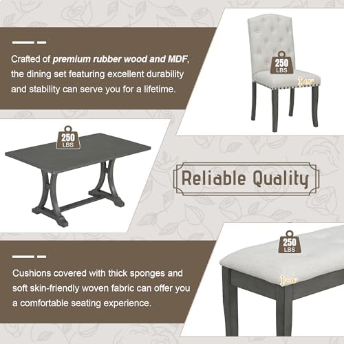 Harper & Bright Designs Classic and Traditional Style 6 - Piece Dining Set, Includes Dining Table, 4 Upholstered Chairs & Bench(Antique Gray1) - Image 5