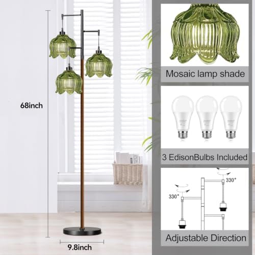 QIYIZM Glass Floor Lamp for Living Room,Bedroom,Stained Green Mid Century Modern Standing Lamp Wood Tree 3 Light Tall Floor Lamps Vintage Retro Black Floor Lights Flower LampShade Boho Bohemian - Image 4
